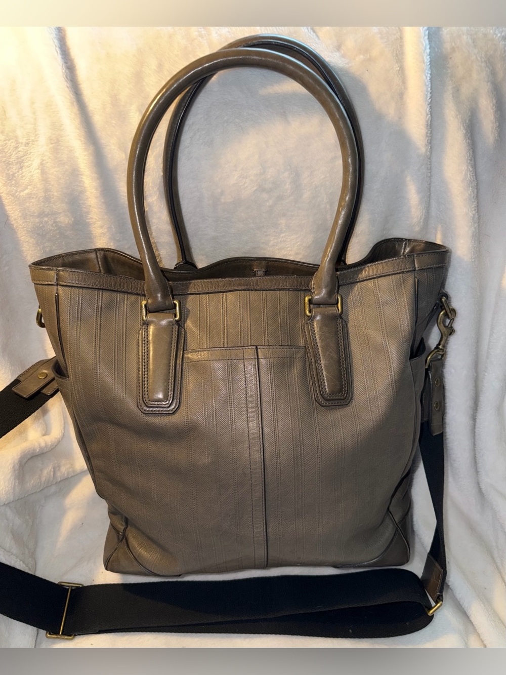 Coach 70th Anniversary Harrison Striped Leather Convertible Tote Bag Grey - Picture 2 of 15